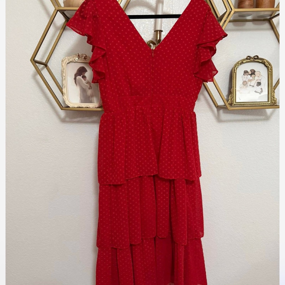 JULIA JORDAN~BNWT~Red Clip Dot V-Neck Tiered Chiffon Midi Dress~Size 2 SKU147 - Picture 4 of 5